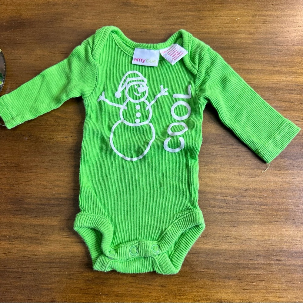 Amy Coe Newborn Snowman Green Long Sleeve Onesie